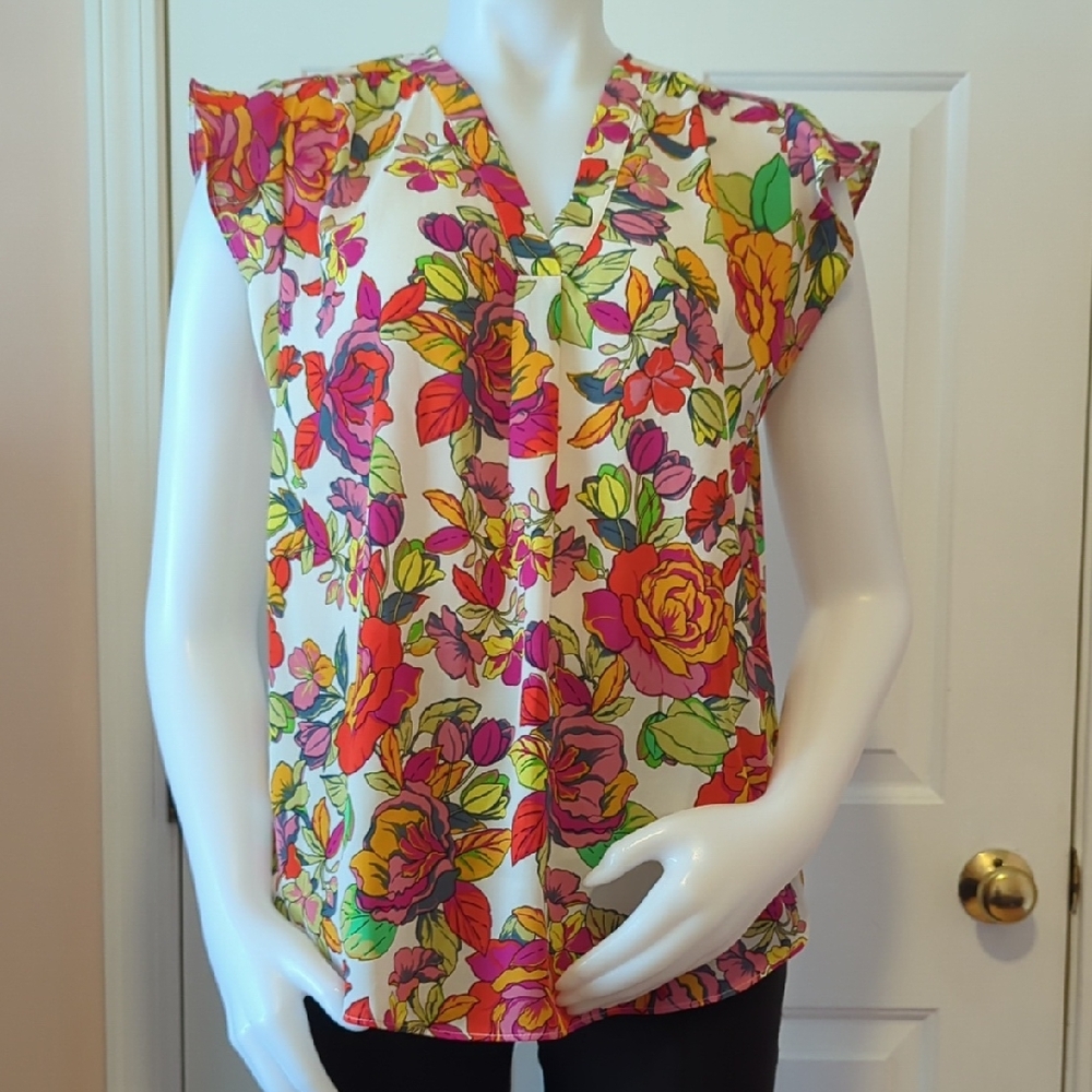 Chaus New York Colorful Floral Rose Print Ruffled Sleeve Top Women's Size S